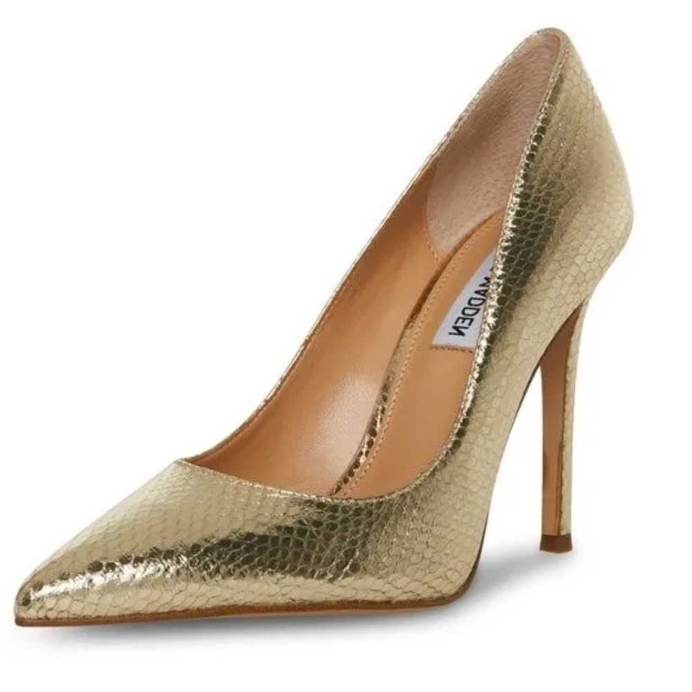 Steve Madden, Evelyn Gold Snake Stiletto Heeled Pointed Toe Slip On Dress Pumps